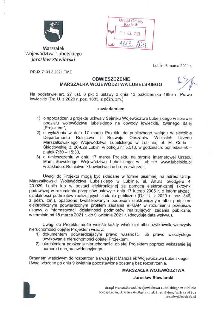 Obwieszczenie Marszałka Województwa Lubelskiego w sprawie podziału na okręgi łowieckie