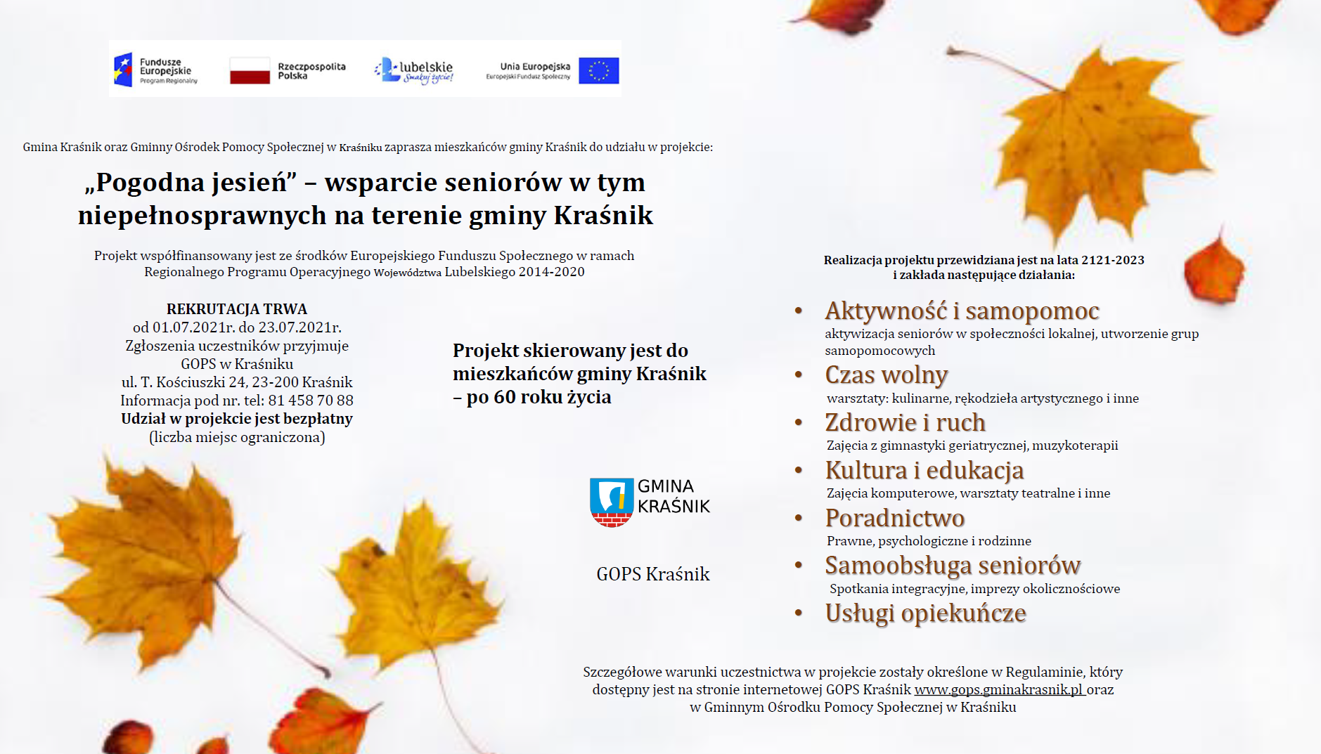 „Pogodna jesień” wsparcie seniorów w tym niepełnosprawnych na terenie gminy Kraśnik