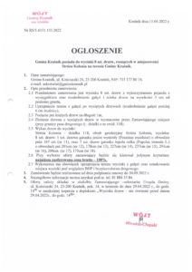 Ogłoszenie w sprawie wycinki 8 szt. drzew, rosnących w miejscowości Stróża Kolonia, Gmina Kraśnik.