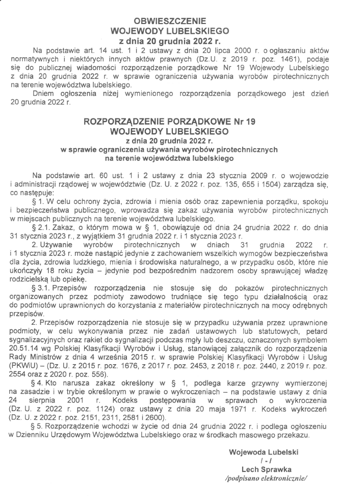 Obwieszczenie Wojewody Lubelskiego z dnia 20 grudnia 2022 r